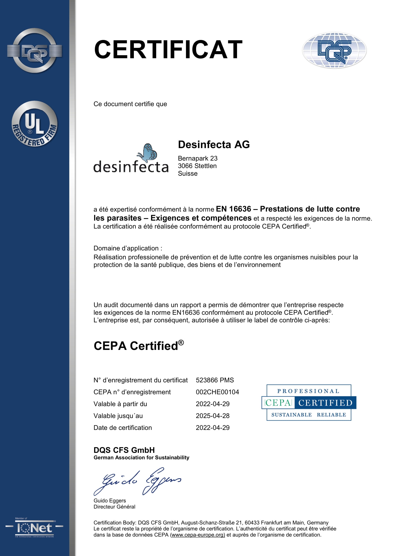 Image certificat CEPA - EN 16636 - Schädlings­bekämpfungs­dienstleistungen